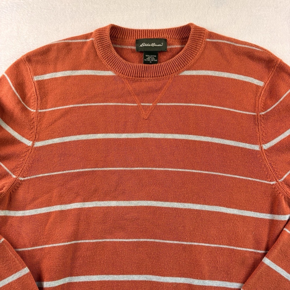 Eddie Bauer Sweater Mens Small Orange Rust Striped Cotton Knit Crewneck Pullover - Picture 2 of 6